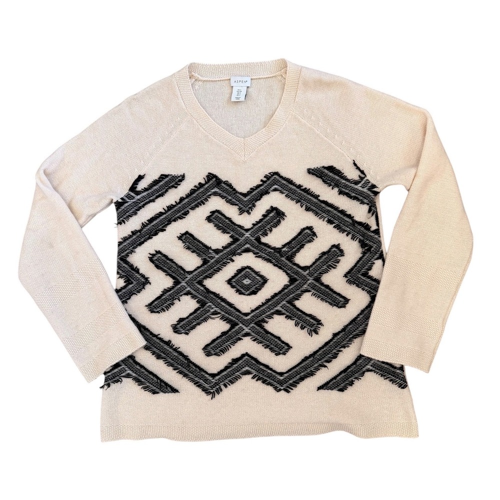 Aspen Merino Wool Cashmere Geometric Fringe Sweater Cream Black Small